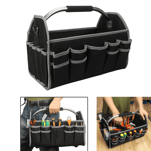 16" Tool Tote Open Top Large Capacity Tool Organizer Adjustable Shoulder Strap Anti-slip Rubber Pad Foam-padded Handle