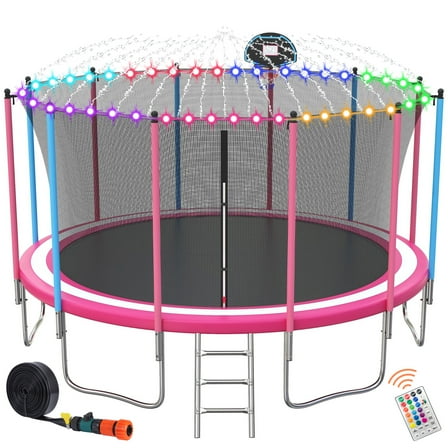 16ft Trampoline for Kids with Basketball Hoop and LED Lights, SEGMART Upgraded Kids Outdoor Trampoline with Enclosure Net and Ladder, Heavy Duty Recreational Trampoline for Indoor Outdoor Backyard