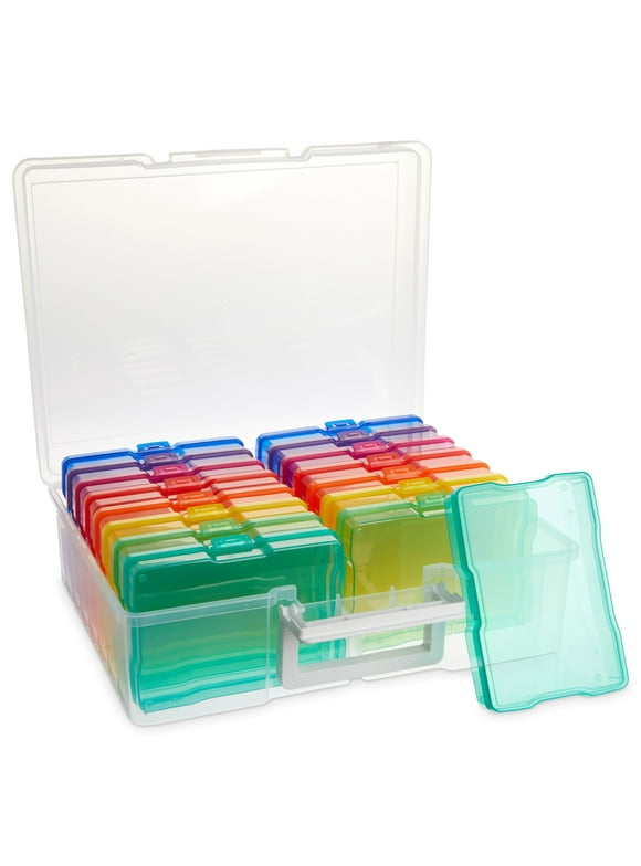 16 Transparent 4x6 Photo Storage Boxes and Organizer with Handle for Pictures, Art and Craft Supplies (Rainbow Colors)