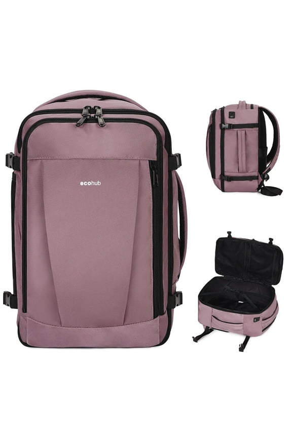 16" Travel Carry on Backpack with 13 Pockets Full Open Casual Daypack with USB Charge Port for Underseat Airplane Personal Item Bag for Women, Pink