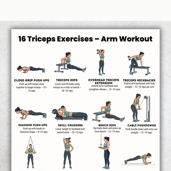 16 Triceps Exercise Arm Exercise Poster Triceps Exercise Poster Upper Arm Exercise Home And Gym Strength Training Poster poster