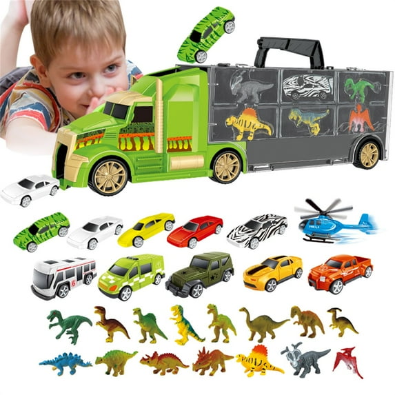 16" Truck Toys - Dinosaur Truck Carrier Transport Truck Dinosaur Car Carrier 26 Pieces Toy Car Carrier with Dinosaurs, Helicopter, Cars, Giant Truck Dinosaur Toys for Boys & Girls Ages 3+