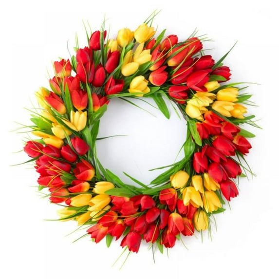 16 Inch Tulip Wreath Flower Wreaths for Front Door, Spring Silk Wreath with Green Leaves for Window Wall Wedding Valentines Day Decor