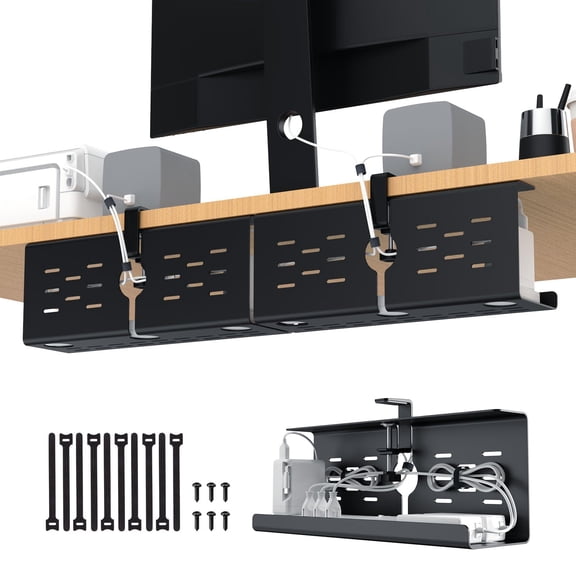 16" Under Desk Cable Management Tray Black 2 Pack Home Office Gaming Cord Organizer