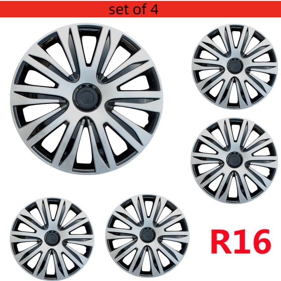 16" Universal Hubcaps 4 Pack - Snap On Wheel Covers for Steel Rims, Durable ABS Rim Protector for R16 Tires - Black & Silver