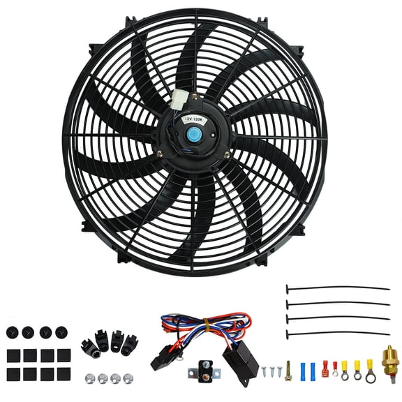 16" Universal Slim Pull Fan Electric Radiator High 3000 CFM + 3/8" 175-185'C Engine Fan Thermostat Temperature Relay Switch Sensor Kit