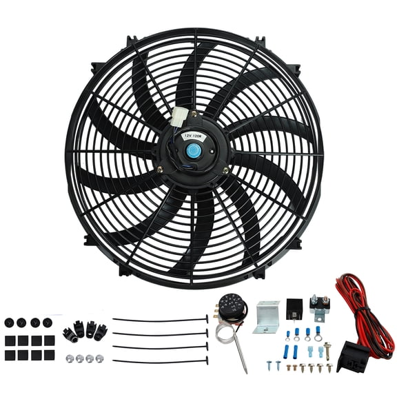 16" Universal Slim Pull Radiator Cooling Fan High 3000 CFM + 0-120'C Electric Engine Fan Temperature Thermostat 3-Pin Control Relay Switch Sensor Kit