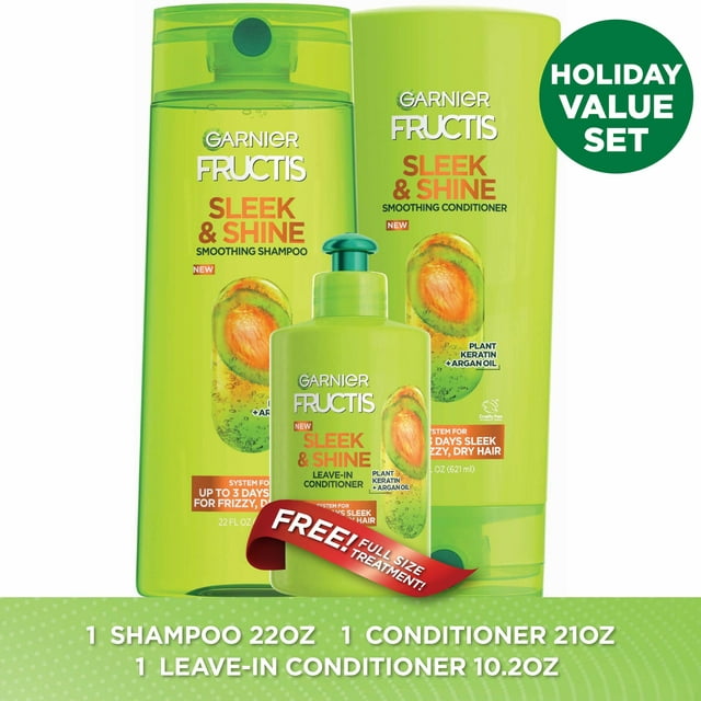 ($16 Value) Garnier Fructis Sleek & Shine Shampoo Conditioner and Treatment Gift Set, Holiday Kit