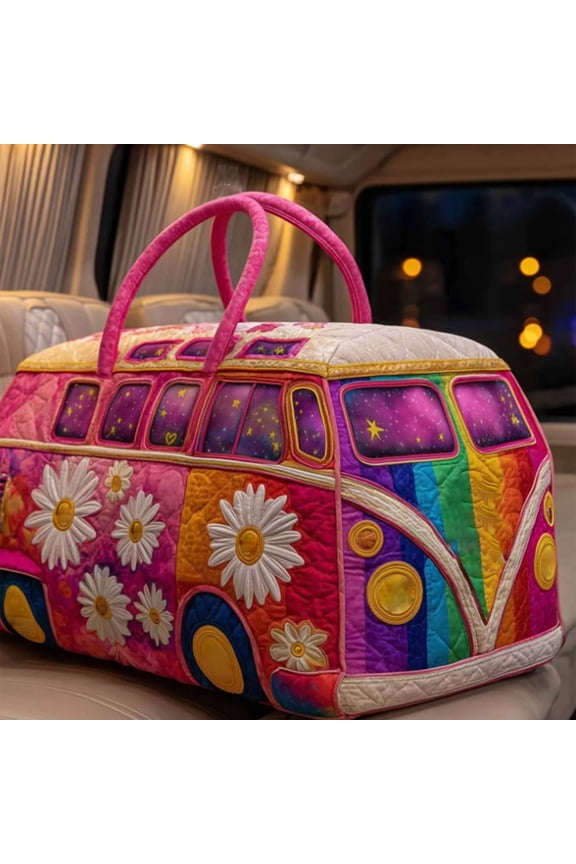 16" Van Quilted Duffle Bag, Retro Camper Canvas Weekender for Women, Compact Travel Carry-on Luggage, Vintage RV Theme Gym Bag with Handles, 16x8x8 Inches(P)