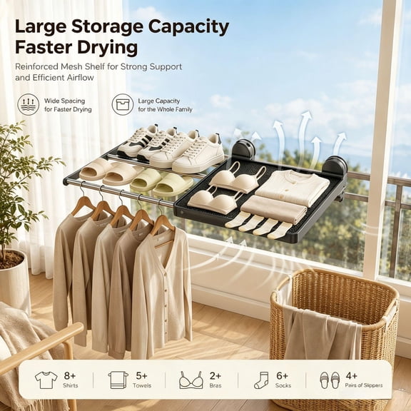 16W Wall-Mounted Clothes Drying Rack with 4 Hooks&Soft Mesh Surface Retractable Indoor Clothes Drying Rack for Laundry,Balcony,Bathroom