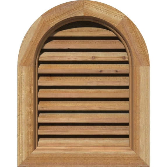 16"W x 32"H Round Top Gable Vent (21"W x 37"H Frame Size): Unfinished, Functional, Rough Sawn Western Red Cedar Gable Vent w/ Brick Mould Face Frame