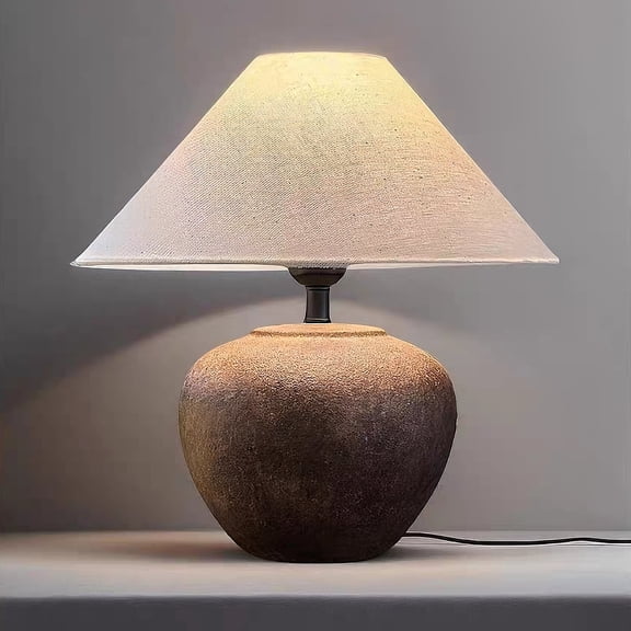 16" Wabi Sabi Ceramic Table Lamp, Rustic Farmhouse Bedside Lamp with Linen Shade, Earthy Brown