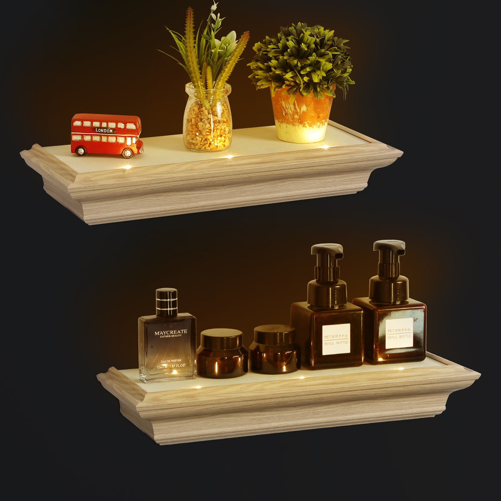 16" Wall Floating Shelves with Spotlight, Rustic Home Décor & Storage, Recycle Plasitc & Wood ...