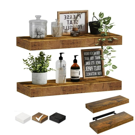 16" Wall-Mounted Floating Shelves W/Invisible Brackets, Home Decor Set of 2 Natural Burnt Wood Storage Shelf for Livingroom Kitchen Bedroom, Bathroom Shelves Over The Toilet