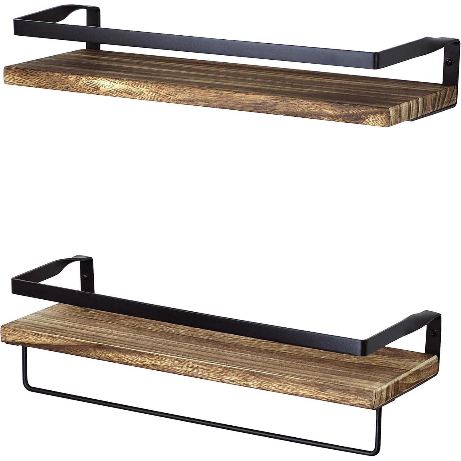 16" Wall-Mounted Floating Shelves W/Rack & Towel Bar, Home Decor 2-Tier Natural Burnt Wood Storage Shelf for Livingroom Kitchen Bedroom, Bathroom Shelves Over The Toilet