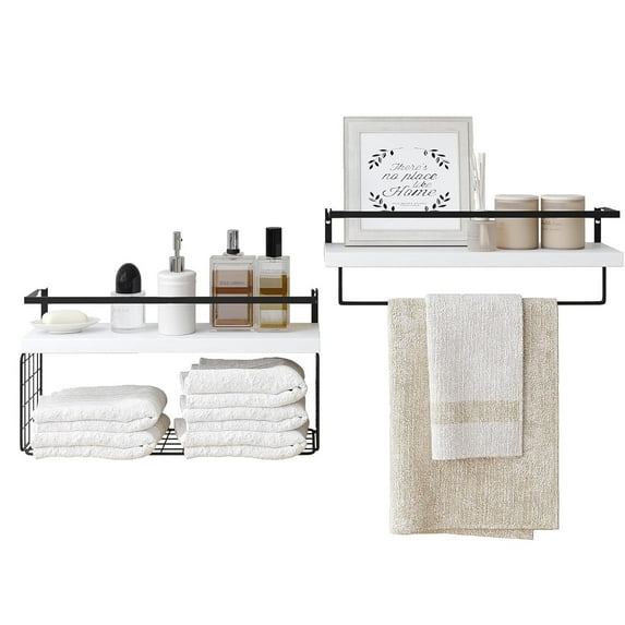 16" Wall-Mounted Floating Shelves W/Storage Basket and Rack & Towel Bar, Home 2+1-Tier White Wood Wall Shelf for Decor & Storage for Livingroom Kitchen Bedroom, Bathroom Shelves Over The Toilet