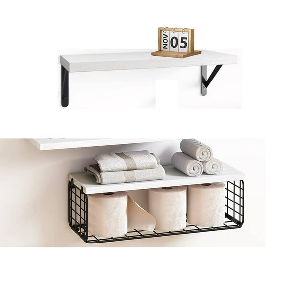 16" Wall-Mounted Floating Shelves W/Triangle Bracket & Frame, Rustic Decor Set of 2+1 White Wood Storage Shelf for Livingroom Kitchen Bedroom, Bathroom Shelves Over The Toilet