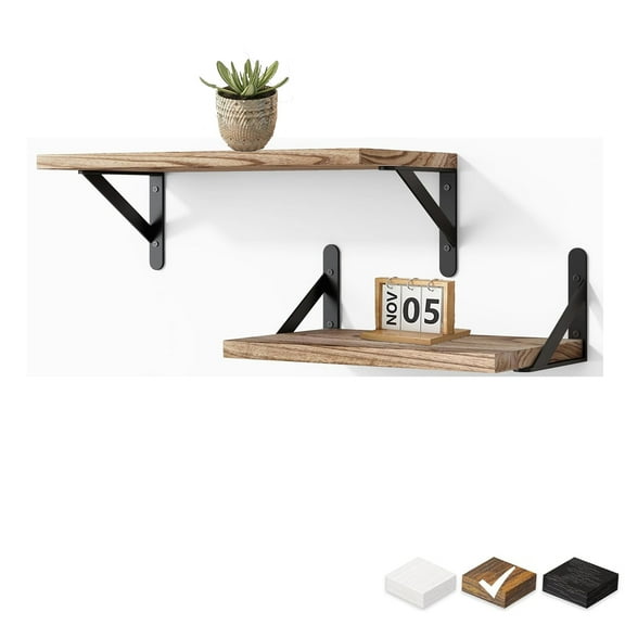 16" Wall-Mounted Floating Shelves W/Triangle Bracket, Rustic Decor Set of 2 Natural Burnt Wood Storage Shelf for Livingroom Kitchen Bedroom, Bathroom Shelves Over The Toilet