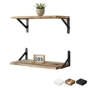 16 Natural Burnt Wall-Mounted Floating Shelves W/Triangle Bracket, Rustic Decor Set of 2 Wood Storage Shelf for Livingroom Kitchen Bedroom, Bathroom Shelves Over The Toilet