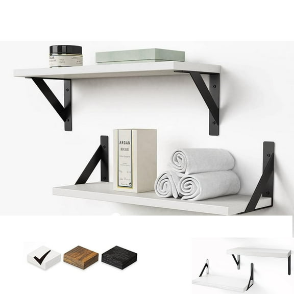 16" Wall-Mounted Floating Shelves W/Triangle Bracket, Rustic Decor Set of 2 White Wood Storage Shelf for Livingroom Kitchen Bedroom, Bathroom Shelves Over The Toilet