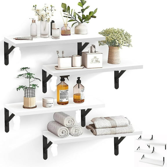 Multisize Wall-Mounted Floating Shelves W/Triangle Bracket, Rustic Decor Set of 4 White Wood Storage Shelf for Livingroom Kitchen Bedroom, Bathroom Shelves Over The Toilet