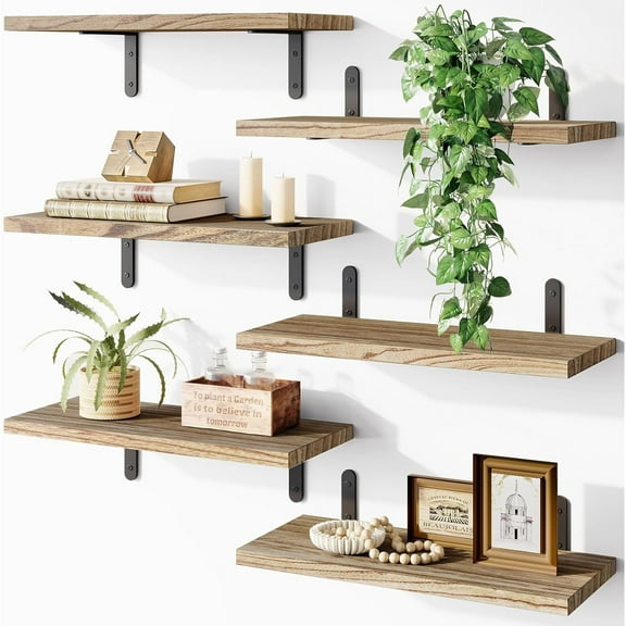 16" Wall Shelf Rustic Decor Set of 6 Wall-Mounted Wood Floating Shelves, Natural Burnt