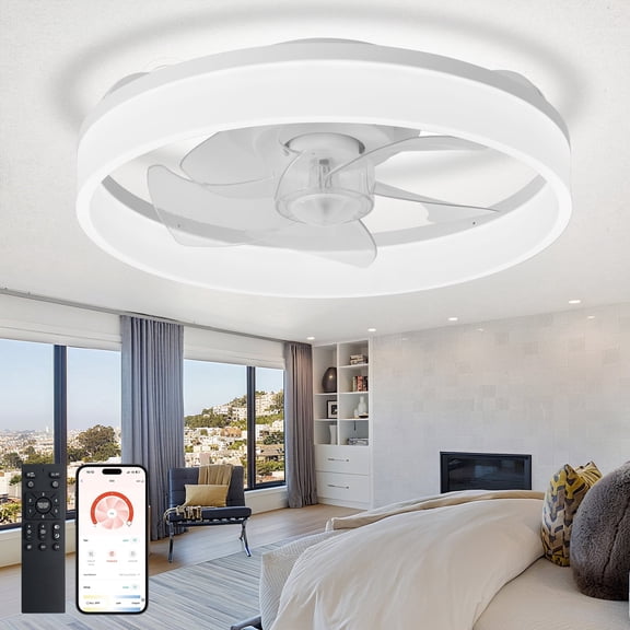 Depuley 16" White Flush Mount Ceiling Fan with Light - Low Profile, App & Remote Control, 6-Speed Quiet DC Motor, Dimmable LED for Bedroom