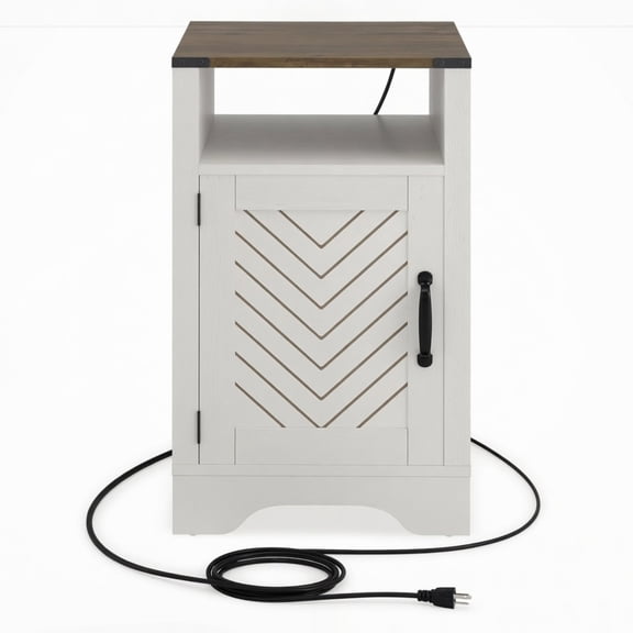 16" White & Rustic Oak Farmhouse Nightstand w/ Charging Station & Storage