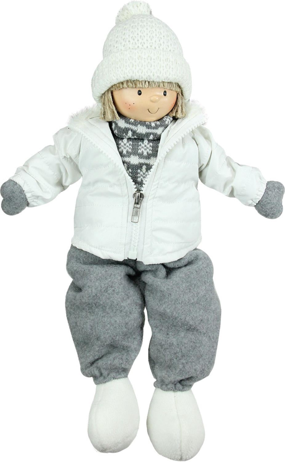 16" White and Gray Joyful Sitting Boy Christmas Tabletop Decoration