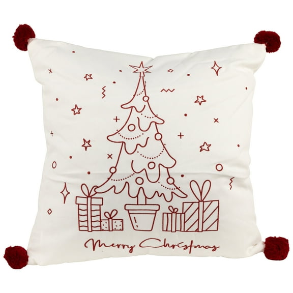 16" White and Red Christmas Tree Embroidered Square Throw Pillow with PomPoms