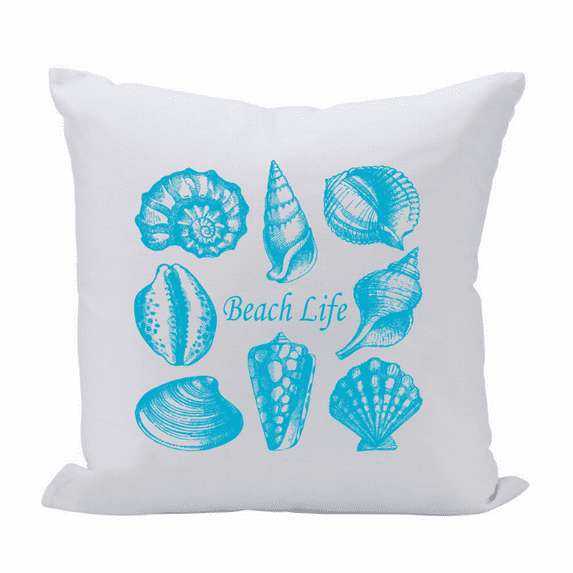 16" White and Sky Blue Seashells Beach Life Print Square Throw Pillow