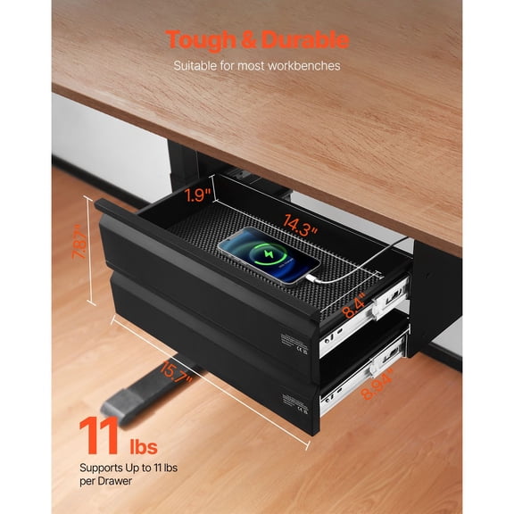 16"Wide Under Desk Drawer Slide Out,Under Desk Mounted Pull-out Drawer Attachment,Hidden Desktop 2 Layer Storage Organizer,Under Table Pencil Drawer for Home Sit Stand Workstation,18x9x8 in