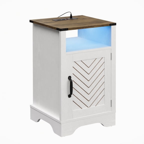 16" Wide White & Rustic Oak LED Nightstand with Charging Station & Storage