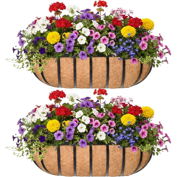 16“ Window Box Railing Planter with Coco Liner Metal Wall-Mounted Coconut Liner Planter Basket English Horse Trough Planters for Outdoor Deck Balcony Porch Fence Patio Black (2 Pack)