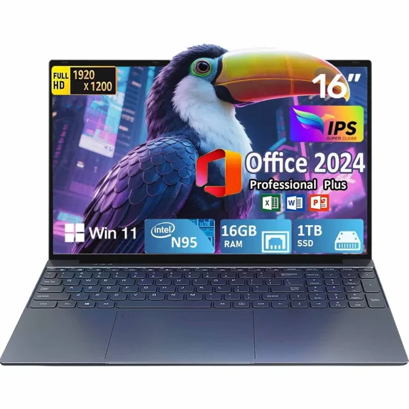 16" Windows 11 Pro Laptop Office 2024 Intel Alder Lake N95 16GB RAM 1TB SSD,（1920x1200）FHD IPS ScreenFingerPrint, Backlit Keyboard, Ultra Thin Ultra Thin and Light Business Laptop Computer