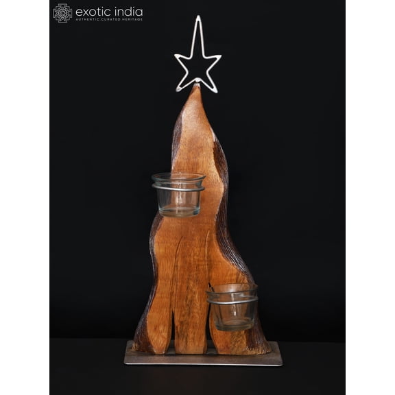 16" Wood Christmas Tree with Two Cup Candle Holders | Table Decor