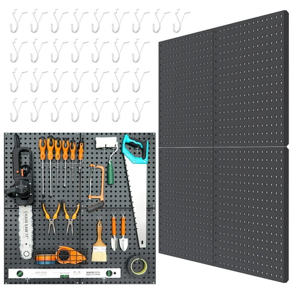 HUHOLE Metal Pegboard 4PC, Black Peg Board for Walls, 32-inch X 32-inch Metal Peg Board, Powder-Coated