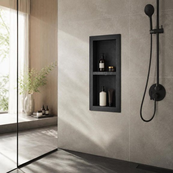 16" X 32" Double Shelf Shower Niche Ready for Tile, Recessed Waterproof Xps Plastic Wall Insert Storage Organizer for Bathroom, Black