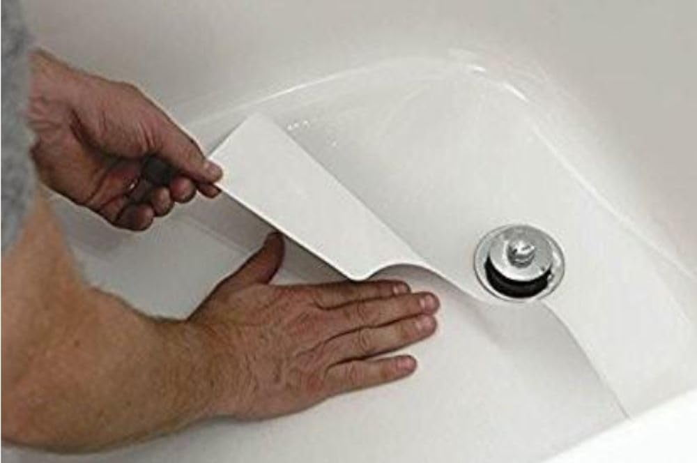 16" X 40" White Adhesive Vinyl Anti Slip Non Skid Safety Bath Mat with Drain Cut Out