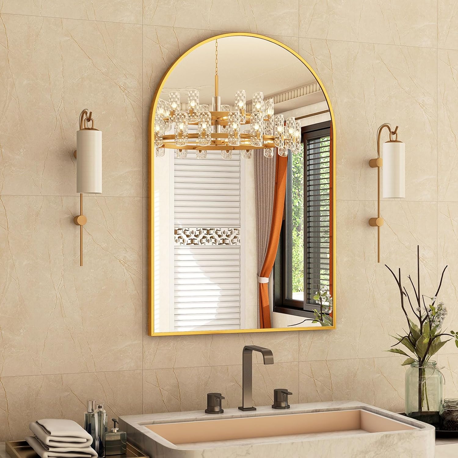 16"X24" Gold Arched Bathroom Mirror Wall Mirror For Bathroom, Metal
