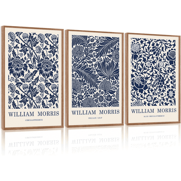 HPNIUB 16”X24”X3 WILLIAM MORRIS Blue and White Picture Wall Decor,Vintage Flowers Wall Art ,Neutral Navy Blue White Tones Framed Prints,Boho Botanical Art for Dining Room,Bedroom