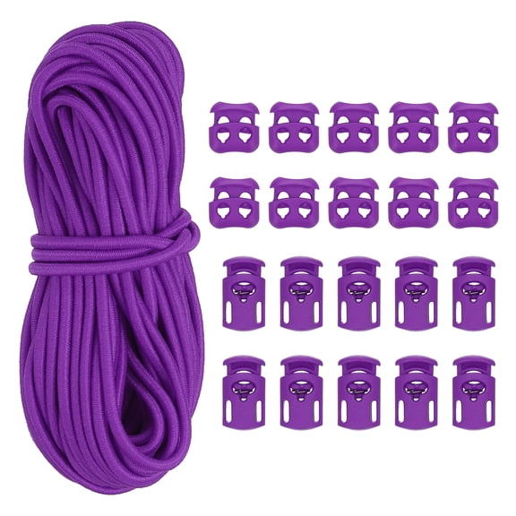 16 Yard Elastic Bungee Cord & Single Hole Cord Lock & Double Hole Spring Toggle Stopper, Purple 21 Pack