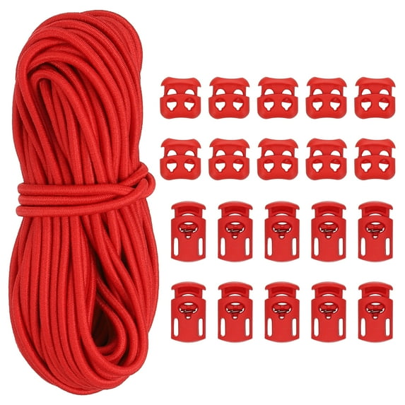 16 Yard Elastic Bungee Cord & Single Hole Cord Lock & Double Hole Spring Toggle Stopper, Red 21 Pack