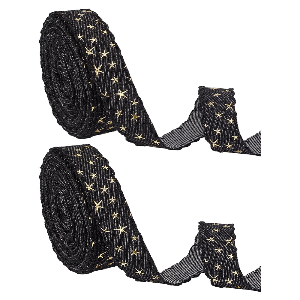16 Yards Star Bronzing Denim Ribbon 1-1/8 Inch Wide Gold Foil Star Polyester Ribbon DIY