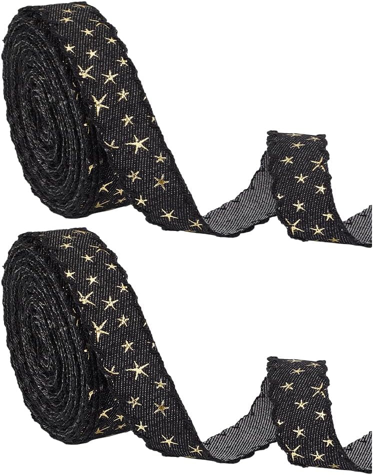16 Yards Star Bronzing Denim Ribbon 1-1/8 Inch Wide Gold Foil Star Polyester Ribbon