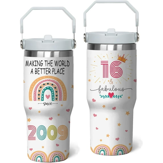 16 Year Old Girl Birthday Gift Ideas 40oz Tumbler 2009 Sweet 16 Gifts for Girls, Sweet 16 Cups Gift for 16 Year Old Girl, 16th Birthday Gifts for Girls, Stainless Steel Mug with Handle & Straw