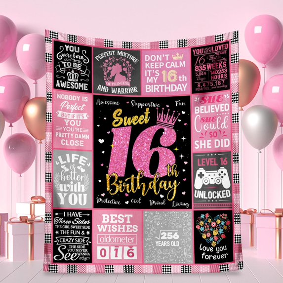 16 Year Old Girl Birthday Gifts,Teenage Girls 16th Birthday Gifts Throw Blanket 50" x 60",Happy 16th Birthday Decorations Blanket for Girls,Birthday Gifts for 16 Year Old Girl Daughter Bestie Sister