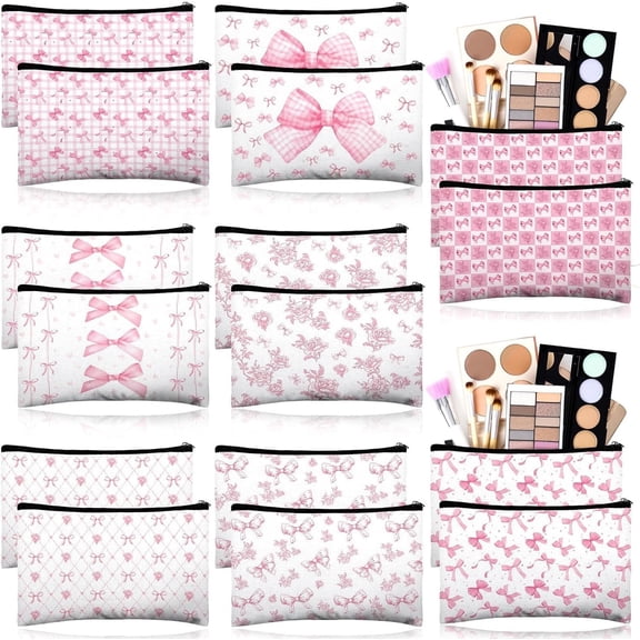 16 count Bow Makeup Bags Bulk for Women Aesthetic Preppy Bags Bow Floral Canvas Toiletry Bags Aesthetic Travel Zipper Pouches for Bridesmaids Wedding Party Favors Supplies