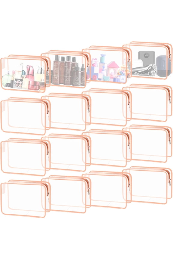 16 count Clear  Bags, Large Transparent Makeup Bags, TSA Approved Toiletry Bag for Travel, PVC  Clear Pouch with Zipper Make Up Bag for Women and Men Traveling (Rose -L)
