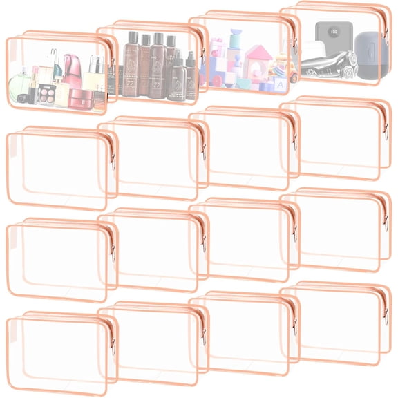16 count Clear Bags, Large Transparent Makeup Bags, TSA Approved Toiletry Bag for Travel, PVC Clear Pouch with Zipper Make Up Bag for Women and Men Traveling (Rose -L)